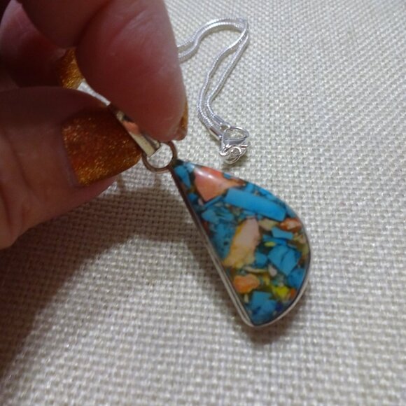 Beautiful OYSTER TURQUOISE Handmade Sterling 925 Pendant/Chain #598C - Picture 3 of 3